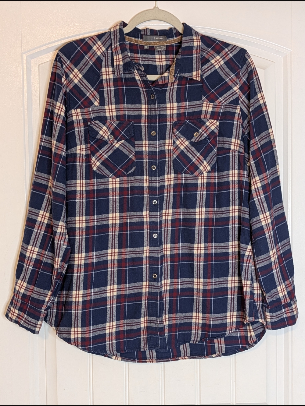 Sandra Ingrish Navy Blue and Burgundy Red Plaid Flannel Long Sleeve Button Down
